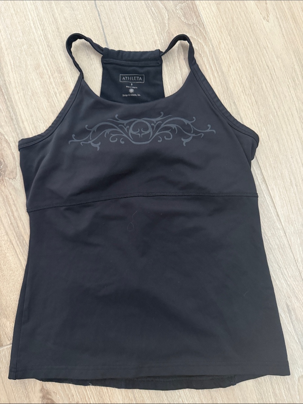 Athleta Black High-Neck Racerback Tank with Subtle Chest Print